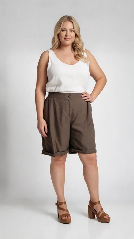 Η γυναικεία βερμούδα plus size σε γήινο καφέ\u002Dχακί χρώμα είναι η ιδανική επιλογή για μια άνετη εμφάνιση κατά τους ζεστούς μήνες. Με κομψή ψηλόμεση γραμμή και έναν διακριτικό κουμπί στο μπροστινό μέρος, η βερμούδα αυτή συνδυάζει την κλασική αισθητική με τη σύγχρονη μόδα. Το ανοιχτό τελείωμα με διπλωμένο ρεβέρ στο τελείωμα των ποδιών προσδίδει έναν casual, αλλά ταυτόχρονα περιποιημένο χαρακτήρα. Η χαλαρή εφαρμογή εξασφαλίζει άνεση καθ\u0027 όλη τη διάρκεια της ημέρας, ενώ το λεπτό, ελαφρύ ύφασμα την καθιστά ιδανική για καθημερινές εξόδους, βόλτες ή ακόμα και για πιο χαλαρές επαγγελματικές περιστάσεις. Μπορεί να συνδυαστεί εύκολα με λευκό αμάνικο τοπ, όπως φαίνεται στη φωτογραφία, ή με ένα ριγέ πουκάμισο για ένα πιο nautical look. Τα χαμηλά πλατφόρμ σανδάλια σε ταμπά απόχρωση ολοκληρώνουν τέλεια το σύνολο. Ιδανική για γυναίκες που αναζητούν στυλ και άνεση σε μεγάλα νούμερα.