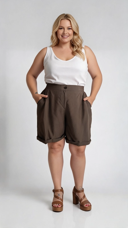 Βερμούδα γυναικεία καφέ καλοκαιρινή - VRM130 | Candiashop Boutique, Η γυναικεία βερμούδα plus size σε γήινο καφέ-χακί χρώμα είναι η ιδανική επιλογή για μια άνετη εμφάνιση κατά τους ζεστούς μήνες. Με κομψή ψηλόμεση γραμμή και έναν διακριτικό κουμπί στο μπροστινό μέρος, η βερμούδα αυτή συνδυάζει την κλασική αισθητική με τη σύγχρονη μόδα. Το ανοιχτό τελείωμα με διπλωμένο ρεβέρ στο τελείωμα των ποδιών προσδίδει έναν casual, αλλά ταυτόχρονα περιποιημένο χαρακτήρα. Η χαλαρή εφαρμογή εξασφαλίζει άνεση καθ' όλη τη διάρκεια της ημέρας, ενώ το λεπτό, ελαφρύ ύφασμα την καθιστά ιδανική για καθημερινές εξόδους, βόλτες ή ακόμα και για πιο χαλαρές επαγγελματικές περιστάσεις. Μπορεί να συνδυαστεί εύκολα με λευκό αμάνικο τοπ, όπως φαίνεται στη φωτογραφία, ή με ένα ριγέ πουκάμισο για ένα πιο nautical look. Τα χαμηλά πλατφόρμ σανδάλια σε ταμπά απόχρωση ολοκληρώνουν τέλεια το σύνολο. Ιδανική για γυναίκες που αναζητούν στυλ και άνεση σε μεγάλα νούμερα.