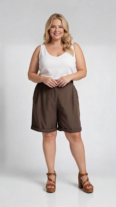 Βερμούδα γυναικεία καφέ καλοκαιρινή - VRM130 | Candiashop Boutique, Η γυναικεία βερμούδα plus size σε γήινο καφέ-χακί χρώμα είναι η ιδανική επιλογή για μια άνετη εμφάνιση κατά τους ζεστούς μήνες. Με κομψή ψηλόμεση γραμμή και έναν διακριτικό κουμπί στο μπροστινό μέρος, η βερμούδα αυτή συνδυάζει την κλασική αισθητική με τη σύγχρονη μόδα. Το ανοιχτό τελείωμα με διπλωμένο ρεβέρ στο τελείωμα των ποδιών προσδίδει έναν casual, αλλά ταυτόχρονα περιποιημένο χαρακτήρα. Η χαλαρή εφαρμογή εξασφαλίζει άνεση καθ' όλη τη διάρκεια της ημέρας, ενώ το λεπτό, ελαφρύ ύφασμα την καθιστά ιδανική για καθημερινές εξόδους, βόλτες ή ακόμα και για πιο χαλαρές επαγγελματικές περιστάσεις. Μπορεί να συνδυαστεί εύκολα με λευκό αμάνικο τοπ, όπως φαίνεται στη φωτογραφία, ή με ένα ριγέ πουκάμισο για ένα πιο nautical look. Τα χαμηλά πλατφόρμ σανδάλια σε ταμπά απόχρωση ολοκληρώνουν τέλεια το σύνολο. Ιδανική για γυναίκες που αναζητούν στυλ και άνεση σε μεγάλα νούμερα.