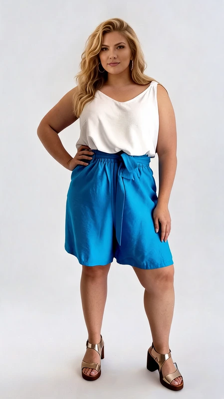 Βερμούδα γυναικεία τιρκουάζ καλοκαιρινή plus size - VRM124 | Candiashop Boutique, Αυτή η κομψή βερμούδα σε έντονο γαλάζιο χρώμα αποτελεί την ιδανική επιλογή για το καλοκαιρινό σας γκαρνταρόμπα. Με την άνετη ψηλή μέση και το κορδόνι που δένει μπροστά, προσφέρει τέλεια εφαρμογή και δυνατότητα προσαρμογής στις διαστάσεις σας. Το φαρδύ σχέδιο χαρίζει άνεση στην κίνηση, ενώ το ελαφρύ, αεράτο ύφασμα είναι ιδανικό για τις ζεστές καλοκαιρινές μέρες. Συνδυάζεται υπέροχα με λευκά τοπ όπως αυτό της φωτογραφίας, αλλά και με μπλούζες σε παστέλ αποχρώσεις για καθημερινές εμφανίσεις. Οι πλαϊνές τσέπες προσθέτουν λειτουργικότητα, ενώ το μήκος της είναι ιδανικό για βόλτες στην πόλη, εκδρομές στη θάλασσα ή χαλαρά απογευματινά με φίλους. Το έντονο γαλάζιο χρώμα αναδεικνύει το μαύρισμα και προσθέτει ζωντάνια σε κάθε σας εμφάνιση. Φορέστε την με πέδιλα, σανδάλια ή sneakers για ένα ολοκληρωμένο καλοκαιρινό look που συνδυάζει άνεση και στυλ.