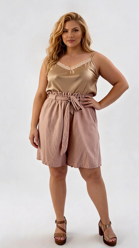 Βερμούδα γυναικεία κρεμ καλοκαιρινή plus size - VRM111 | Candiashop Boutique, Αυτή η κομψή βερμούδα σε απαλό ροζ-μπεζ (nude) χρώμα είναι ιδανική για το καλοκαιρινό σας γκαρνταρόμπα. Με τη χαρακτηριστική ψηλόμεση γραμμή και το κομψό ζωνάκι που δένει στη μέση, χαρίζει έναν θηλυκό τόνο στην εμφάνισή σας ενώ κολακεύει κάθε σωματότυπο. Η φαρδιά γραμμή της προσφέρει άνεση και δροσιά κατά τις ζεστές ημέρες, ενώ το ελαφρύ ύφασμα αγκαλιάζει το σώμα με φινέτσα. Συνδυάζεται τέλεια με το μεταξωτό τοπ σε χρυσαφί-μπεζ απόχρωση που διαθέτει λεπτές τιράντες και διακριτική δαντελένια λεπτομέρεια στο ντεκολτέ. Φορέστε αυτό το σύνολο για καλοκαιρινούς περιπάτους, για καφέ με φίλες ή ακόμα και για βραδινές εξόδους συνδυάζοντάς το με κοσμήματα και τα αγαπημένα σας πέδιλα. Η βερμούδα διαθέτει πρακτικές τσέπες και ελαστική σούρα στη μέση που προσαρμόζεται στις καμπύλες σας, προσφέροντας άνεση και στυλ για όλη την ημέρα.