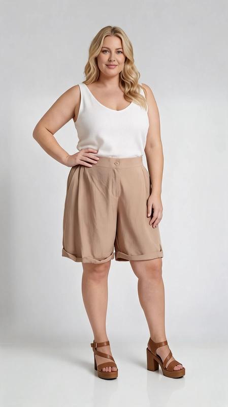 Η γυναικεία βερμούδα plus size σε κομψή αμμουδί απόχρωση αποτελεί την ιδανική επιλογή για κάθε γυναίκα που αναζητά στυλ και άνεση. Με τη φαρδιά, χαλαρή γραμμή της και το υψηλό καμπύλο τελείωμα στο τελείωμα των μπατζακιών, χαρίζει μια ιδιαίτερα κομψή και σύγχρονη εμφάνιση. Η μέση της διαθέτει κουμπί και φερμουάρ, ενώ οι δεξιοτεχνικά σχεδιασμένες πιέτες στο μπροστινό μέρος δίνουν όγκο και ροή στο ύφασμα, κολακεύοντας κάθε σιλουέτα. Το λεπτό, ελαφρύ ύφασμα σε μονόχρωμο σχέδιο την καθιστά κατάλληλη για ζεστές μέρες, ενώ η μήκος της, που φτάνει λίγο πάνω από το γόνατο, προσφέρει κάλυψη και ελευθερία κινήσεων. Μπορεί να φορεθεί με λευκό αμάνικο τοπ και πλατφόρμες για μια casual\u002Dchic εμφάνιση, αλλά και με εμπριμέ πουκάμισο ή ελαφρύ σακάκι για πιο επίσημες περιστάσεις. Ιδανική για βόλτες, καλοκαιρινές εκδρομές ή ακόμα και για casual γραφειακές εμφανίσεις.