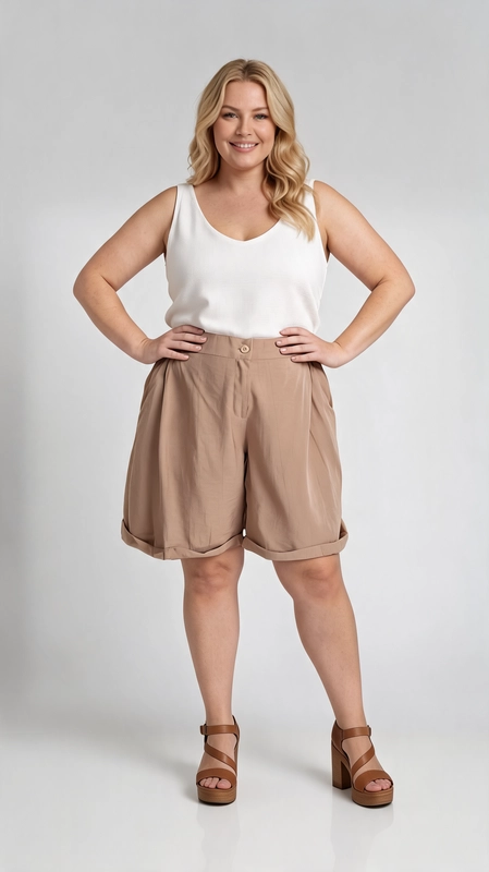 Βερμούδα γυναικεία κρεμ καλοκαιρινή - VRM133 | Candiashop Boutique, Η γυναικεία βερμούδα plus size σε κομψή αμμουδί απόχρωση αποτελεί την ιδανική επιλογή για κάθε γυναίκα που αναζητά στυλ και άνεση. Με τη φαρδιά, χαλαρή γραμμή της και το υψηλό καμπύλο τελείωμα στο τελείωμα των μπατζακιών, χαρίζει μια ιδιαίτερα κομψή και σύγχρονη εμφάνιση. Η μέση της διαθέτει κουμπί και φερμουάρ, ενώ οι δεξιοτεχνικά σχεδιασμένες πιέτες στο μπροστινό μέρος δίνουν όγκο και ροή στο ύφασμα, κολακεύοντας κάθε σιλουέτα. Το λεπτό, ελαφρύ ύφασμα σε μονόχρωμο σχέδιο την καθιστά κατάλληλη για ζεστές μέρες, ενώ η μήκος της, που φτάνει λίγο πάνω από το γόνατο, προσφέρει κάλυψη και ελευθερία κινήσεων. Μπορεί να φορεθεί με λευκό αμάνικο τοπ και πλατφόρμες για μια casual-chic εμφάνιση, αλλά και με εμπριμέ πουκάμισο ή ελαφρύ σακάκι για πιο επίσημες περιστάσεις. Ιδανική για βόλτες, καλοκαιρινές εκδρομές ή ακόμα και για casual γραφειακές εμφανίσεις.