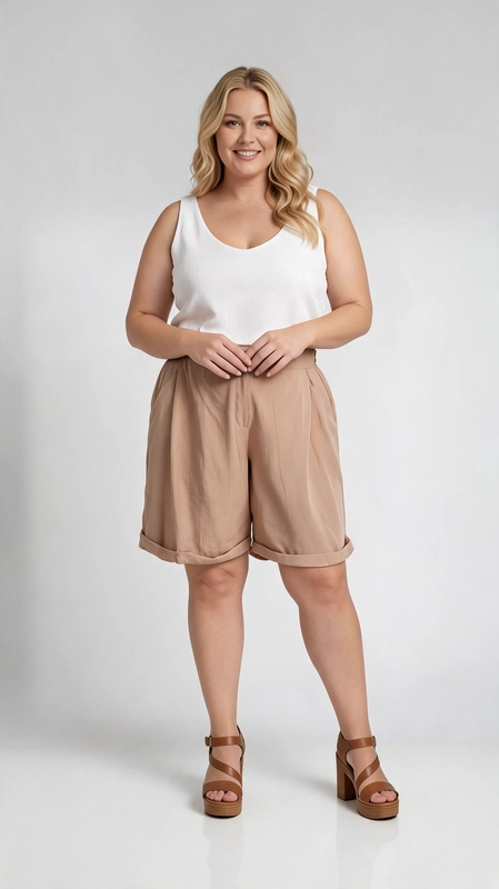 Βερμούδα γυναικεία κρεμ καλοκαιρινή - VRM133 | Candiashop Boutique, Η γυναικεία βερμούδα plus size σε κομψή αμμουδί απόχρωση αποτελεί την ιδανική επιλογή για κάθε γυναίκα που αναζητά στυλ και άνεση. Με τη φαρδιά, χαλαρή γραμμή της και το υψηλό καμπύλο τελείωμα στο τελείωμα των μπατζακιών, χαρίζει μια ιδιαίτερα κομψή και σύγχρονη εμφάνιση. Η μέση της διαθέτει κουμπί και φερμουάρ, ενώ οι δεξιοτεχνικά σχεδιασμένες πιέτες στο μπροστινό μέρος δίνουν όγκο και ροή στο ύφασμα, κολακεύοντας κάθε σιλουέτα. Το λεπτό, ελαφρύ ύφασμα σε μονόχρωμο σχέδιο την καθιστά κατάλληλη για ζεστές μέρες, ενώ η μήκος της, που φτάνει λίγο πάνω από το γόνατο, προσφέρει κάλυψη και ελευθερία κινήσεων. Μπορεί να φορεθεί με λευκό αμάνικο τοπ και πλατφόρμες για μια casual-chic εμφάνιση, αλλά και με εμπριμέ πουκάμισο ή ελαφρύ σακάκι για πιο επίσημες περιστάσεις. Ιδανική για βόλτες, καλοκαιρινές εκδρομές ή ακόμα και για casual γραφειακές εμφανίσεις.