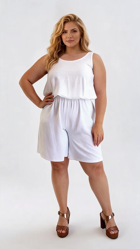 Βερμούδα γυναικεία λευκή καλοκαιρινή plus size - VRM109 | Candiashop Boutique, Αυτή η κομψή βερμούδα σε λευκό χρώμα είναι η ιδανική επιλογή για το καλοκαιρινό σας γκαρνταρόμπα. Κατασκευασμένη από ελαφρύ, αεράτο ύφασμα που χαρίζει άνεση όλη την ημέρα, διαθέτει αμάνικο σχεδιασμό με στρογγυλή λαιμόκοψη και φαρδιά, άνετη εφαρμογή που κολακεύει κάθε σωματότυπο. Το ελαστικό λάστιχο στη μέση προσφέρει άνετη εφαρμογή και τονίζει διακριτικά τη σιλουέτα, ενώ το μήκος στο γόνατο των σορτς επιτρέπει άνετη κίνηση. Ιδανική για καλοκαιρινές βόλτες, παραλιακούς περιπάτους ή χαλαρά απογευματινά ραντεβού. Συνδυάστε την με μεταλλικά σανδάλια όπως φαίνεται στην εικόνα για ένα κομψό look, ή με εσπαντρίγιες και ένα ψάθινο καπέλο για μια εμφάνιση που αποπνέει καλοκαιρινή αύρα. Το λευκό χρώμα λειτουργεί ως καμβάς για να προσθέσετε έντονα αξεσουάρ ή κοσμήματα που θα αναδείξουν την προσωπικότητά σας. Διαθέσιμη σε διάφορα μεγέθη, αυτή η ολόσωμη φόρμα συνδυάζει άψογα την άνεση με το στυλ για τις ζεστές καλοκαιρινές ημέρες.