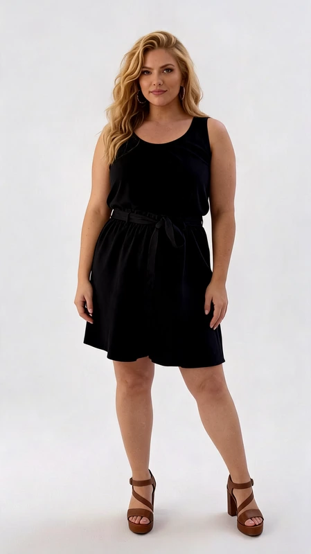 Βερμούδα γυναικεία μαύρη καλοκαιρινή plus size - VRM105 | Candiashop Boutique, Αυτή η κομψή ολόσωμη βερμούδα σε βαθύ μπλε σκούρο (μαύρο-μπλε) είναι η τέλεια επιλογή για το καλοκαιρινό σας γκαρνταρόμπα plus size. Με αμάνικο σχεδιασμό και στρογγυλή λαιμόκοψη, προσφέρει άνεση και δροσιά κατά τις ζεστές ημέρες. Η φαρδιά γραμμή της φόρμας χαρίζει ελευθερία κινήσεων, ενώ η ζώνη στη μέση τονίζει τη σιλουέτα και προσθέτει κομψότητα στο σύνολο. Το μήκος της φτάνει λίγο πάνω από το γόνατο, καθιστώντας την ιδανική για καθημερινές εξορμήσεις, βόλτες στην πόλη ή ακόμα και για χαλαρές βραδινές εξόδους. Συνδυάστε την με μεταλλικά σανδάλια όπως στην εικόνα για μια κομψή εμφάνιση, ή με αθλητικά παπούτσια για πιο casual look. Το απαλό ύφασμα εξασφαλίζει άνετη εφαρμογή σε όλες τις καμπύλες, ενώ το διαχρονικό χρώμα της την καθιστά βασικό κομμάτι που ταιριάζει εύκολα με πολλά αξεσουάρ. Πλένεται εύκολα και διατηρεί το σχήμα της, αποτελώντας μια έξυπνη επένδυση για το καλοκαιρινό σας στυλ.