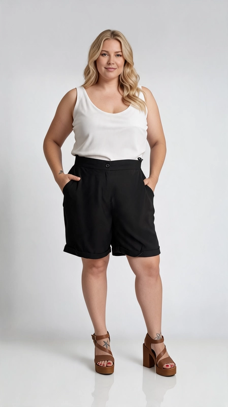 Η γυναικεία βερμούδα plus size σε κλασικό μαύρο χρώμα είναι η ιδανική επιλογή για κάθε γυναίκα που αναζητά στυλ και άνεση σε ένα και μόνο κομμάτι. Με κομψή ψηλόμεση εφαρμογή, χαρίζει μια κολακευτική σιλουέτα που αναδεικνύει τις καμπύλες με αυτοπεποίθηση. Το σχέδιό της είναι απλό και διαχρονικό, χωρίς μοτίβο, ενώ διαθέτει πλαϊνές τσέπες που συνδυάζουν την πρακτικότητα με την αισθητική. Το ελαφρώς ανασηκωμένο τελείωμα στο τελείωμα των ποδιών προσθέτει μια σύγχρονη πινελιά στο συνολικό look. Μπορεί να φορεθεί με λευκό αμάνικο τοπ για ένα casual καλοκαιρινό σύνολο, ή με ένα έξυπνο πουκάμισο για πιο επίσημες περιστάσεις. Ταιριάζει τέλεια με πέδιλα, sneakers ή ακόμα και με ψηλοτάκουνα πέδιλα όπως στην εικόνα, για μια πιο chic εμφάνιση. Ιδανική για βόλτες, καλοκαιρινές εξόδους και casual εμφανίσεις στο γραφείο.