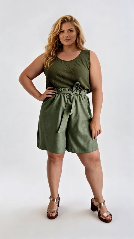 Βερμούδα γυναικεία μέντα καλοκαιρινή plus size - VRM107 | Candiashop Boutique, Αυτή η κομψή βερμούδα σε απόχρωση χακί πράσινο είναι η τέλεια επιλογή για το καλοκαιρινό σας γκαρνταρόμπα. Διαθέτει αμάνικο μπούστο με διακριτικές πτυχώσεις που κολακεύει τη σιλουέτα, ενώ το κάτω μέρος με τα φαρδιά σορτς προσφέρει άνεση και στυλ. Η ζώνη στη μέση με το κομψό δέσιμο τονίζει τη μέση και προσθέτει μια θηλυκή πινελιά στο σύνολο. Κατασκευασμένη από υψηλής ποιότητας υφάσματα που επιτρέπουν την αναπνοή του δέρματος, αυτή η βερμούδα είναι ιδανική για καλοκαιρινές βόλτες, απογευματινούς καφέδες ή ακόμα και για χαλαρές επαγγελματικές συναντήσεις. Συνδυάστε την με πλατφόρμες, όπως φαίνεται στην εικόνα, για ένα κομψό look, ή με σανδάλια για πιο casual εμφανίσεις. Η φόρμα διατίθεται σε μεγέθη plus size και είναι σχεδιασμένη να αγκαλιάζει τις καμπύλες με κολακευτικό τρόπο. Η διαχρονική απόχρωση του χακί πράσινου ταιριάζει εύκολα με διάφορα αξεσουάρ και μπορεί να φορεθεί από την άνοιξη μέχρι το φθινόπωρο.