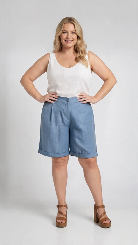 Βερμούδα γυναικεία μπλε καλοκαιρινή - VRM129 | Candiashop Boutique, Η γυναικεία βερμούδα plus size σε απαλή γαλαζιά απόχρωση αποτελεί την ιδανική επιλογή για κάθε καλοκαιρινή εμφάνιση. Με κομψή γραμμή ψηλόμεσης εφαρμογής, χαρίζει επιμήκυνση στη σιλουέτα και τονίζει τη μέση με κομψό τρόπο. Το σχέδιό της διαθέτει λεπτές πιέτες στο μπροστινό μέρος, που προσδίδουν όγκο και άνεση στην κίνηση, ενώ το διπλωμένο τελείωμα στο κάτω μέρος προσφέρει μια refined, tailored αισθητική. Η μονόχρωμη υφή της σε γαλάζιο χρώμα την κάνει εξαιρετικά ευέλικτη. Μπορεί να φορεθεί με λευκό αμάνικο τοπ για μια φρέσκια, καλοκαιρινή εμφάνιση, όπως φαίνεται στη φωτογραφία, ή να συνδυαστεί με floral μπλούζα για πιο ρομαντικό αποτέλεσμα. Ιδανική για καθημερινές εξόδους, καφέ με φίλες ή ακόμα και για χαλαρά επαγγελματικά περιβάλλοντα. Τα καφέ χοντρά τακούνια την αναβαθμίζουν αισθητικά, ενώ με λευκά sneakers αποκτά πιο casual χαρακτήρα. Μια must-have επιλογή για κάθε γυναίκα που αναζητά στυλ και άνεση.
