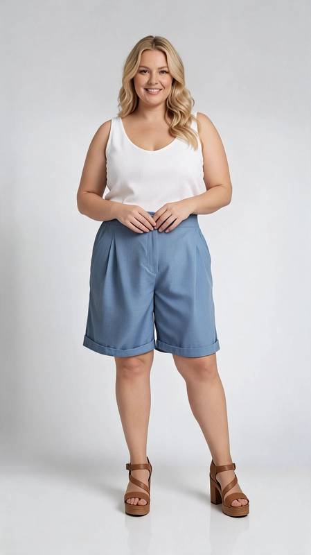 Βερμούδα γυναικεία μπλε καλοκαιρινή - VRM129 | Candiashop Boutique, Η γυναικεία βερμούδα plus size σε απαλή γαλαζιά απόχρωση αποτελεί την ιδανική επιλογή για κάθε καλοκαιρινή εμφάνιση. Με κομψή γραμμή ψηλόμεσης εφαρμογής, χαρίζει επιμήκυνση στη σιλουέτα και τονίζει τη μέση με κομψό τρόπο. Το σχέδιό της διαθέτει λεπτές πιέτες στο μπροστινό μέρος, που προσδίδουν όγκο και άνεση στην κίνηση, ενώ το διπλωμένο τελείωμα στο κάτω μέρος προσφέρει μια refined, tailored αισθητική. Η μονόχρωμη υφή της σε γαλάζιο χρώμα την κάνει εξαιρετικά ευέλικτη. Μπορεί να φορεθεί με λευκό αμάνικο τοπ για μια φρέσκια, καλοκαιρινή εμφάνιση, όπως φαίνεται στη φωτογραφία, ή να συνδυαστεί με floral μπλούζα για πιο ρομαντικό αποτέλεσμα. Ιδανική για καθημερινές εξόδους, καφέ με φίλες ή ακόμα και για χαλαρά επαγγελματικά περιβάλλοντα. Τα καφέ χοντρά τακούνια την αναβαθμίζουν αισθητικά, ενώ με λευκά sneakers αποκτά πιο casual χαρακτήρα. Μια must-have επιλογή για κάθε γυναίκα που αναζητά στυλ και άνεση.