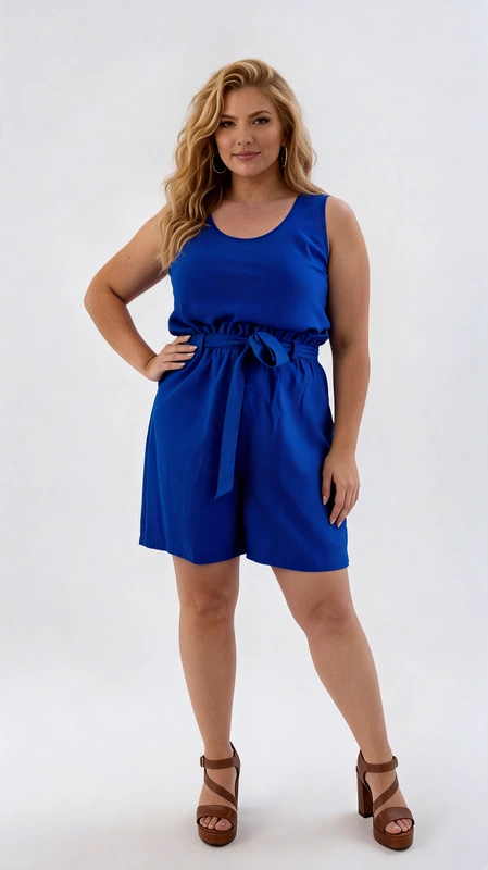Βερμούδα γυναικεία μπλε ρουά καλοκαιρινή plus size - VRM112 | Candiashop Boutique, Αυτή η κομψή βερμούδα σε έντονο βασιλικό μπλε χρώμα είναι ιδανική για άνετο καλοκαιρινό στυλ με μια δόση κομψότητας. Σχεδιασμένη ειδικά για γυναίκες με καμπύλες, διαθέτει αμάνικο σχέδιο με στρογγυλή λαιμόκοψη που χαρίζει δροσιά στις ζεστές μέρες. Το χαρακτηριστικό ψηλόμεσο σχέδιο με την κομψή ζώνη που δένει στη μέση αναδεικνύει τη σιλουέτα, ενώ η φαρδιά σορτς προσφέρει άνεση στην κίνηση. Η ρευστή υφή του υφάσματος εξασφαλίζει άνετη εφαρμογή, ενώ οι σουρωτές λεπτομέρειες στη μέση προσθέτουν θηλυκότητα και στυλ. Μπορεί να φορεθεί με επίπεδα σανδάλια για καθημερινές εμφανίσεις ή με τακούνια για βραδινές εξόδους. Συνδυάστε την με ένα λεπτό κόσμημα και μια μικρή τσάντα για ολοκληρωμένο look. Κατάλληλη για καλοκαιρινούς περιπάτους, απογευματινούς καφέδες ή χαλαρά δείπνα, αυτή η φόρμα είναι ένα απαραίτητο κομμάτι για τη θερινή γκαρνταρόμπα κάθε γυναίκας που εκτιμά την άνεση χωρίς να θυσιάζει το στυλ.