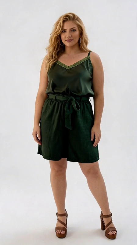 Βερμούδα γυναικεία πράσινη καλοκαιρινή plus size - VRM104 | Candiashop Boutique, Κομψό σετ τοπ και βερμούδα σε πλούσιο βαθύ πράσινο χρώμα, ιδανικό για καλοκαιρινές εμφανίσεις με στυλ και άνεση. Το τοπ με λεπτές ρυθμιζόμενες τιράντες διαθέτει κομψό ντεκολτέ σε σχήμα V με διακριτή χρυσοπράσινη διακοσμητική λεπτομέρεια που προσθέτει μια νότα λάμψης. Η σατέν υφή του τοπ αγκαλιάζει απαλά το σώμα, προσφέροντας κολακευτική εφαρμογή. Η βερμούδα σε αντίστοιχο πράσινο τόνο έχει άνετη γραμμή και διαθέτει κομψή ζώνη στη μέση που δένει, τονίζοντας τη σιλουέτα και προσφέροντας προσαρμοζόμενη εφαρμογή. Η υφή της βερμούδας με το διακριτικό μοτίβο προσφέρει ανθεκτικότητα και άνεση καθ' όλη τη διάρκεια της ημέρας. Ιδανικό για καλοκαιρινές βόλτες, απογευματινούς καφέδες ή χαλαρά βραδινά δείπνα. Συνδυάστε το με χρυσά αξεσουάρ και επίπεδα σανδάλια για μια ολοκληρωμένη καλοκαιρινή εμφάνιση που συνδυάζει κομψότητα και άνεση.