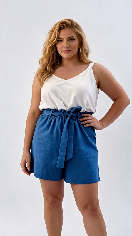 Βερμούδα γυναικεία ραφ καλοκαιρινή plus size - VRM126 | Candiashop Boutique, Αυτή η κομψή βερμούδα σε υπέροχο γαλάζιο χρώμα είναι ιδανική για το καλοκαιρινό σας γκαρνταρόμπα. Με την άνετη paper bag μέση που διαθέτει ζώνη από το ίδιο ύφασμα, δημιουργεί μια κολακευτική σιλουέτα τονίζοντας τη μέση. Το ελαφρύ, αεράτο ύφασμα με υφή λινού προσφέρει άνεση στις ζεστές μέρες, ενώ το φαρδύ σχέδιο εξασφαλίζει ελευθερία κινήσεων. Συνδυάστε την με λευκά τοπ όπως αυτό της φωτογραφίας για καθημερινές εμφανίσεις, ή με ένα κομψό μπλουζάκι για βραδινές εξόδους. Οι πλαϊνές τσέπες προσθέτουν πρακτικότητα, ενώ το μήκος της είναι ιδανικό για κάθε περίσταση. Η βερμούδα διατίθεται σε πλήρη γκάμα μεγεθών, σχεδιασμένη να αγκαλιάζει κολακευτικά κάθε σωματότυπο. Ιδανική για παραλιακούς περιπάτους, καλοκαιρινά ψώνια ή χαλαρά γεύματα με φίλους. Το ανθεκτικό ύφασμα διατηρεί το σχήμα του ακόμα και μετά από πολλές χρήσεις και πλύσεις.