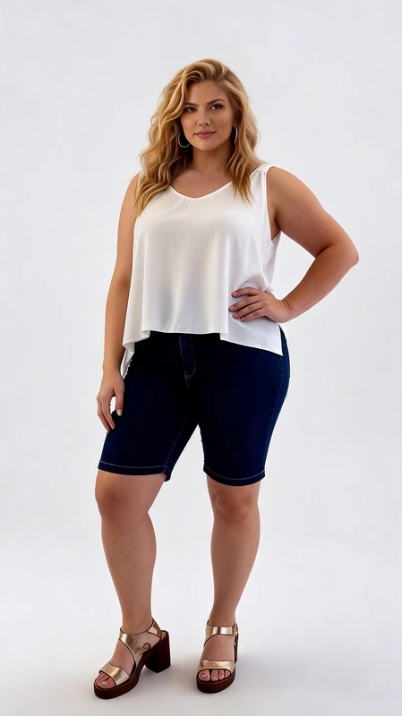 Βερμούδα γυναικεία τζιν καλοκαιρινή plus size - VRM121 | Candiashop Boutique, Αυτή η κομψή βερμούδα τζιν σε βαθύ μπλε χρώμα είναι σχεδιασμένη ειδικά για γυναίκες με καμπύλες που αγαπούν το στυλ και την άνεση. Με την τέλεια εφαρμογή της αναδεικνύει τη σιλουέτα, ενώ το μήκος της φτάνει λίγο πάνω από το γόνατο προσφέροντας κομψότητα και δροσιά τις ζεστές ημέρες. Το ελαστικό ύφασμα χαρίζει άνεση σε κάθε κίνηση, ενώ η κλασική γραμμή της την καθιστά ιδανική για πολλαπλούς συνδυασμούς. Συνδυάστε την με λευκά αέρινα τοπ όπως αυτό της φωτογραφίας για καθημερινές εμφανίσεις ή με ένα κομψό πουκάμισο για πιο επίσημες περιστάσεις. Διαθέτει πρακτικές τσέπες και κλασικό κούμπωμα με φερμουάρ που εξασφαλίζει τέλεια εφαρμογή στη μέση. Η ποιοτική κατασκευή της εγγυάται διάρκεια στο χρόνο, διατηρώντας το σχήμα και το χρώμα της ακόμα και μετά από πολλαπλές πλύσεις. Η απόλυτη επιλογή για το καλοκαιρινό σας ντύσιμο που συνδυάζει στυλ, άνεση και ποιότητα.