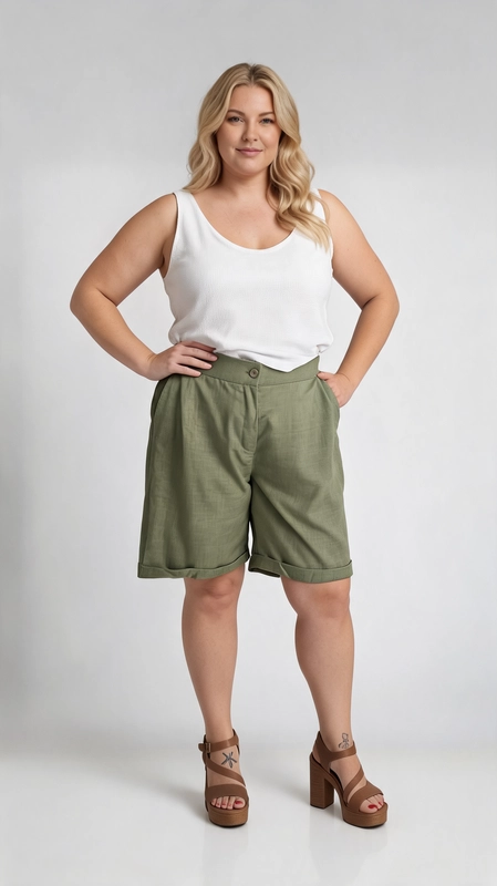 Η γυναικεία βερμούδα plus size σε κομψό χακί χρώμα είναι η ιδανική επιλογή για τις ζεστές μέρες του καλοκαιριού. Με ύφασμα που θυμίζει λινό, προσφέρει άνεση και αναπνεύσιμη αίσθηση καθ\u0027 όλη τη διάρκεια της ημέρας. Ο σχεδιασμός της είναι απλός και μονόχρωμος, δίνοντας έναν καθαρό καιωμένο χαρακτήρα που ταιριάζει σε κάθε γυναίκα. Η βερμούδα διαθέτει ψηλή μέση με διακοσμητικό κουμπί, που τονίζει τη σιλουέτα και προσφέρει σταθερή εφαρμογή. Η γραμμή της είναι φαρδιά και άνετη, ιδανική για plus size σώματα που αναζητούν στυλ χωρίς συμβιβασμούς. Μπορεί να φορεθεί με λευκό αμάνικο τοπ για casual εμφανίσεις, αλλά και με κομψή μπλούζα για πιο επίσημες περιστάσεις. Συνδυάστε τη με πλατφόρμες ή σανδάλια για ένα ολοκληρωμένο καλοκαιρινό look που εντυπωσιάζει.