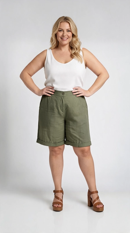Βερμούδα γυναικεία χακί καλοκαιρινή - VRM132 | Candiashop Boutique, Η γυναικεία βερμούδα plus size σε κομψό χακί χρώμα είναι η ιδανική επιλογή για τις ζεστές μέρες του καλοκαιριού. Με ύφασμα που θυμίζει λινό, προσφέρει άνεση και αναπνεύσιμη αίσθηση καθ' όλη τη διάρκεια της ημέρας. Ο σχεδιασμός της είναι απλός και μονόχρωμος, δίνοντας έναν καθαρό καιωμένο χαρακτήρα που ταιριάζει σε κάθε γυναίκα. Η βερμούδα διαθέτει ψηλή μέση με διακοσμητικό κουμπί, που τονίζει τη σιλουέτα και προσφέρει σταθερή εφαρμογή. Η γραμμή της είναι φαρδιά και άνετη, ιδανική για plus size σώματα που αναζητούν στυλ χωρίς συμβιβασμούς. Μπορεί να φορεθεί με λευκό αμάνικο τοπ για casual εμφανίσεις, αλλά και με κομψή μπλούζα για πιο επίσημες περιστάσεις. Συνδυάστε τη με πλατφόρμες ή σανδάλια για ένα ολοκληρωμένο καλοκαιρινό look που εντυπωσιάζει.