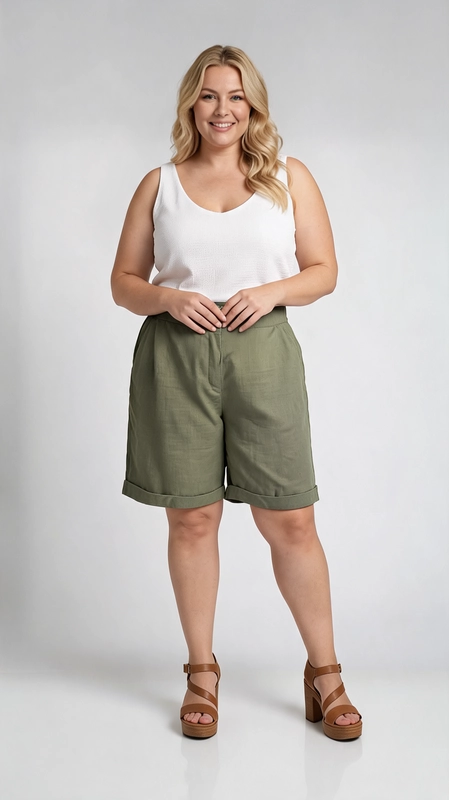 Βερμούδα γυναικεία χακί καλοκαιρινή - VRM132 | Candiashop Boutique, Η γυναικεία βερμούδα plus size σε κομψό χακί χρώμα είναι η ιδανική επιλογή για τις ζεστές μέρες του καλοκαιριού. Με ύφασμα που θυμίζει λινό, προσφέρει άνεση και αναπνεύσιμη αίσθηση καθ' όλη τη διάρκεια της ημέρας. Ο σχεδιασμός της είναι απλός και μονόχρωμος, δίνοντας έναν καθαρό καιωμένο χαρακτήρα που ταιριάζει σε κάθε γυναίκα. Η βερμούδα διαθέτει ψηλή μέση με διακοσμητικό κουμπί, που τονίζει τη σιλουέτα και προσφέρει σταθερή εφαρμογή. Η γραμμή της είναι φαρδιά και άνετη, ιδανική για plus size σώματα που αναζητούν στυλ χωρίς συμβιβασμούς. Μπορεί να φορεθεί με λευκό αμάνικο τοπ για casual εμφανίσεις, αλλά και με κομψή μπλούζα για πιο επίσημες περιστάσεις. Συνδυάστε τη με πλατφόρμες ή σανδάλια για ένα ολοκληρωμένο καλοκαιρινό look που εντυπωσιάζει.