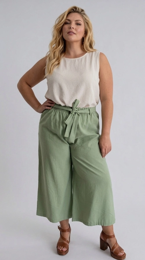Γυναικεία ζιπ κιλότ καλοκαιρινή πράσινη plus size - ZIP112 | Candiashop Boutique, Ανακαλύψτε την απόλυτη καλοκαιρινή άνεση με αυτή την εντυπωσιακή γυναικεία ζιπ κιλότ plus size σε υπέροχο σαλβί πράσινο χρώμα. Με φαρδιά, ρέουσα γραμμή και μήκος που φτάνει κάτω από τα γόνατα, αυτό το παντελόνι συνδυάζει αισθητικά το στυλ με την άνεση, χαρίζοντας μια κομψή και γυναικεία σιλουέτα. Η υψηλή μέση με ελαστική ζώνη και το χαρακτηριστικό φιόγκο στο μπροστινό μέρος αποτελούν το κεντρικό στοιχείο του σχεδιασμού, τονίζοντας τη μέση με έναν κομψό τρόπο. Το μονόχρωμο, αδιάφανο ύφασμα με ελαφριά υφή χαρίζει δροσιά, ιδανικό για τις ζεστές μέρες. Μπορεί να φορεθεί με ένα απλό αμάνικο μπλουζάκι σε κρεμ ή λευκό χρώμα, όπως φαίνεται στη φωτογραφία, αλλά και με ένα floral ή λινό πουκάμισο. Ταιριάζει τέλεια με πέδιλα, μπαλαρίνες ή sneakers. Κατάλληλο για καθημερινές εξόδους, καλοκαιρινές εκδρομές, αλλά και για πιο επίσημες περιστάσεις όπως γεύματα και βραδινές εξόδους.