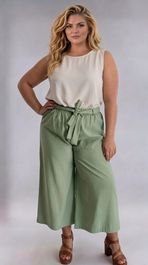 Γυναικεία ζιπ κιλότ καλοκαιρινή πράσινη plus size - ZIP112 | Candiashop Boutique, Ανακαλύψτε την απόλυτη καλοκαιρινή άνεση με αυτή την εντυπωσιακή γυναικεία ζιπ κιλότ plus size σε υπέροχο σαλβί πράσινο χρώμα. Με φαρδιά, ρέουσα γραμμή και μήκος που φτάνει κάτω από τα γόνατα, αυτό το παντελόνι συνδυάζει αισθητικά το στυλ με την άνεση, χαρίζοντας μια κομψή και γυναικεία σιλουέτα. Η υψηλή μέση με ελαστική ζώνη και το χαρακτηριστικό φιόγκο στο μπροστινό μέρος αποτελούν το κεντρικό στοιχείο του σχεδιασμού, τονίζοντας τη μέση με έναν κομψό τρόπο. Το μονόχρωμο, αδιάφανο ύφασμα με ελαφριά υφή χαρίζει δροσιά, ιδανικό για τις ζεστές μέρες. Μπορεί να φορεθεί με ένα απλό αμάνικο μπλουζάκι σε κρεμ ή λευκό χρώμα, όπως φαίνεται στη φωτογραφία, αλλά και με ένα floral ή λινό πουκάμισο. Ταιριάζει τέλεια με πέδιλα, μπαλαρίνες ή sneakers. Κατάλληλο για καθημερινές εξόδους, καλοκαιρινές εκδρομές, αλλά και για πιο επίσημες περιστάσεις όπως γεύματα και βραδινές εξόδους.